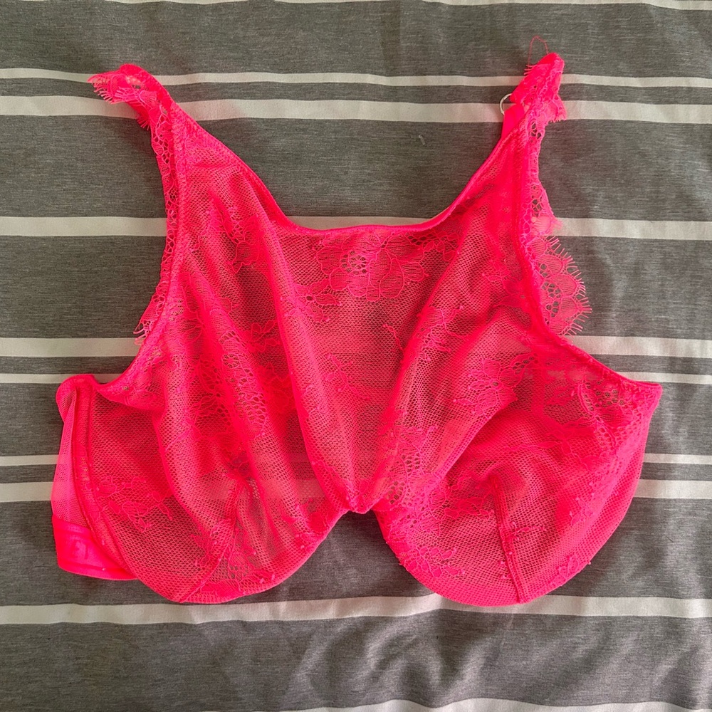 NWT Victorias Secret Hot‎ Pink Halter Sheer Lace Underwire Bra 34C